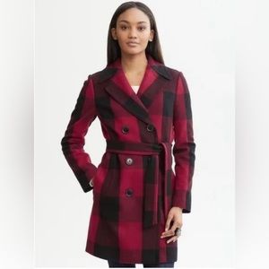 Banana Republic Italian Black and Red Plaid Belted Trench Coat